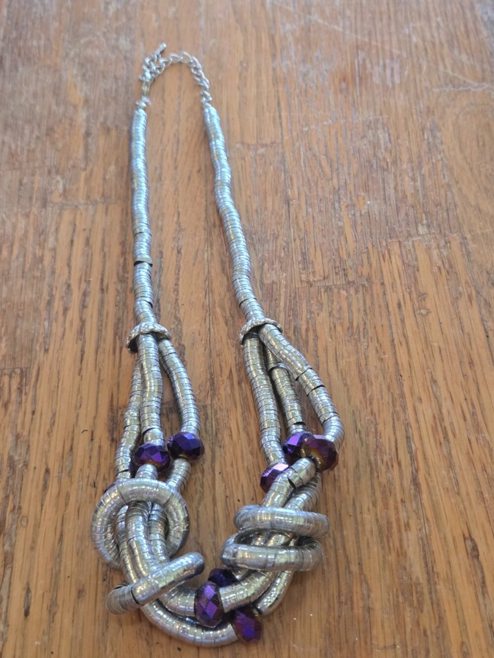 Silver-tone and Purple Bead Multi-strand Bendable Snake Chain Statement Necklace